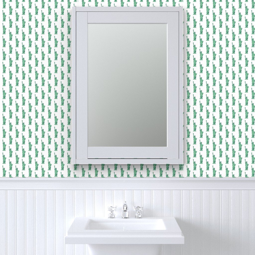 Mini Lady Liberty Statues Repeat in Beguiling Green on White Wallpaper green color wallpaper