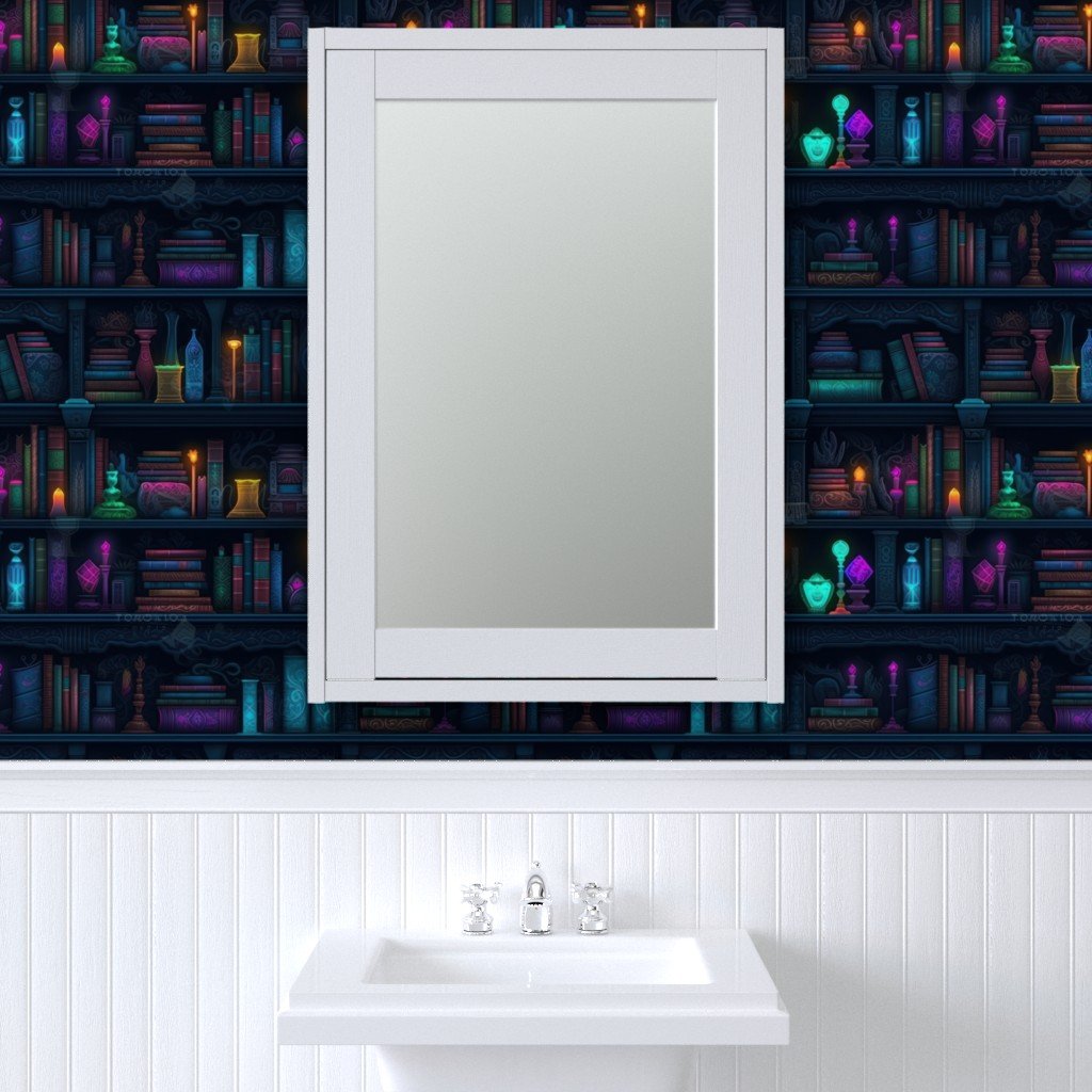 Spooky Photo realistic Dark Academia Bookshelves in Bright Neons Wallpaper halloween library wallpaper