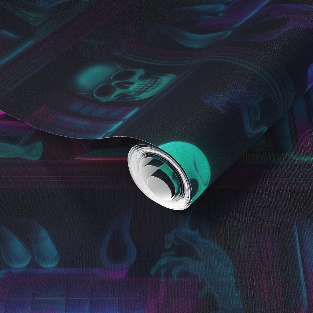 Spooky Photo realistic Dark Academia Bookshelves in Bright Neons Wallpaper halloween library wallpaper
