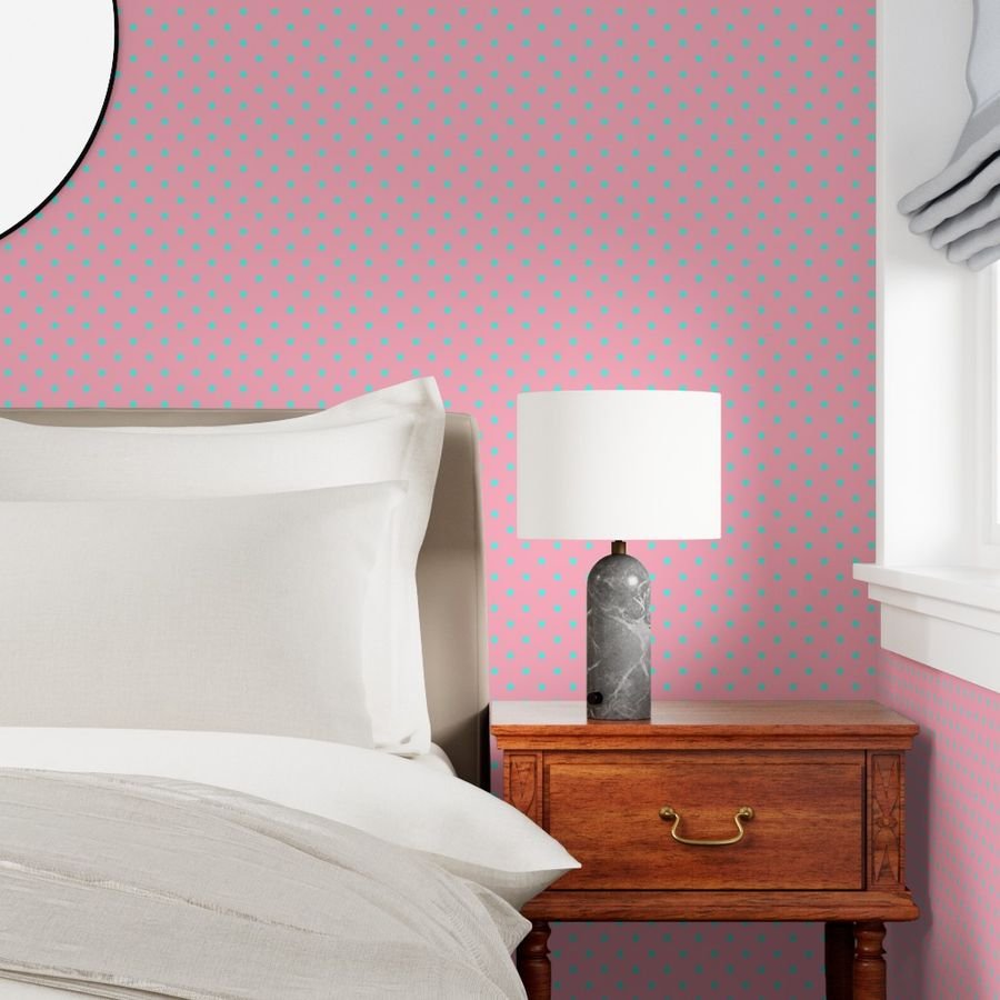 Small Polka Dots in South Beach Aqua Blue on Palm Beach Pink Wallpaper aqua blue wallpaper