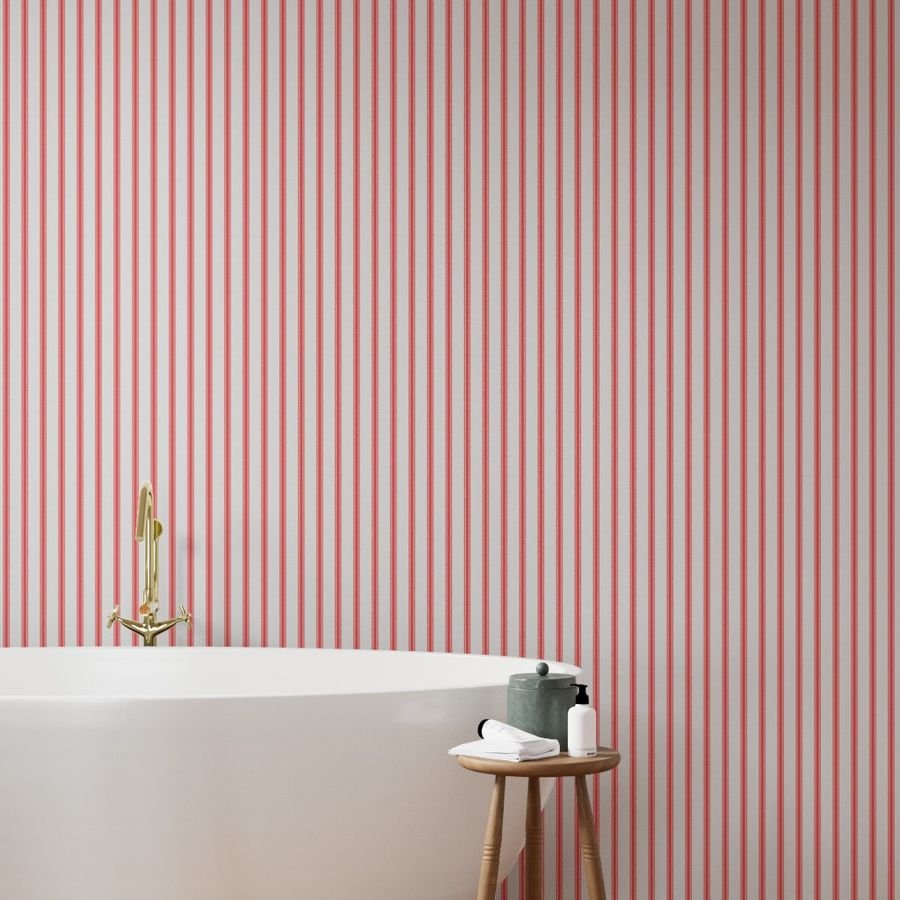 Distressed Vintage Scarlet Red Mattress Ticking with Two Inch Wallpaper antique ticking wallpaper