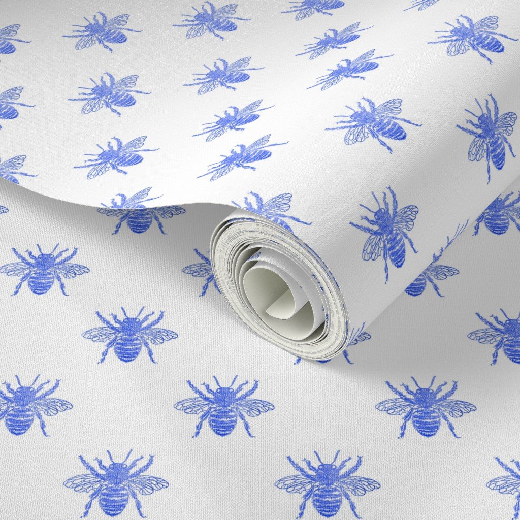Blue Faux-foiled Bees on White Home Styling Collection Home Decor Collection blue worker bees wallpaper