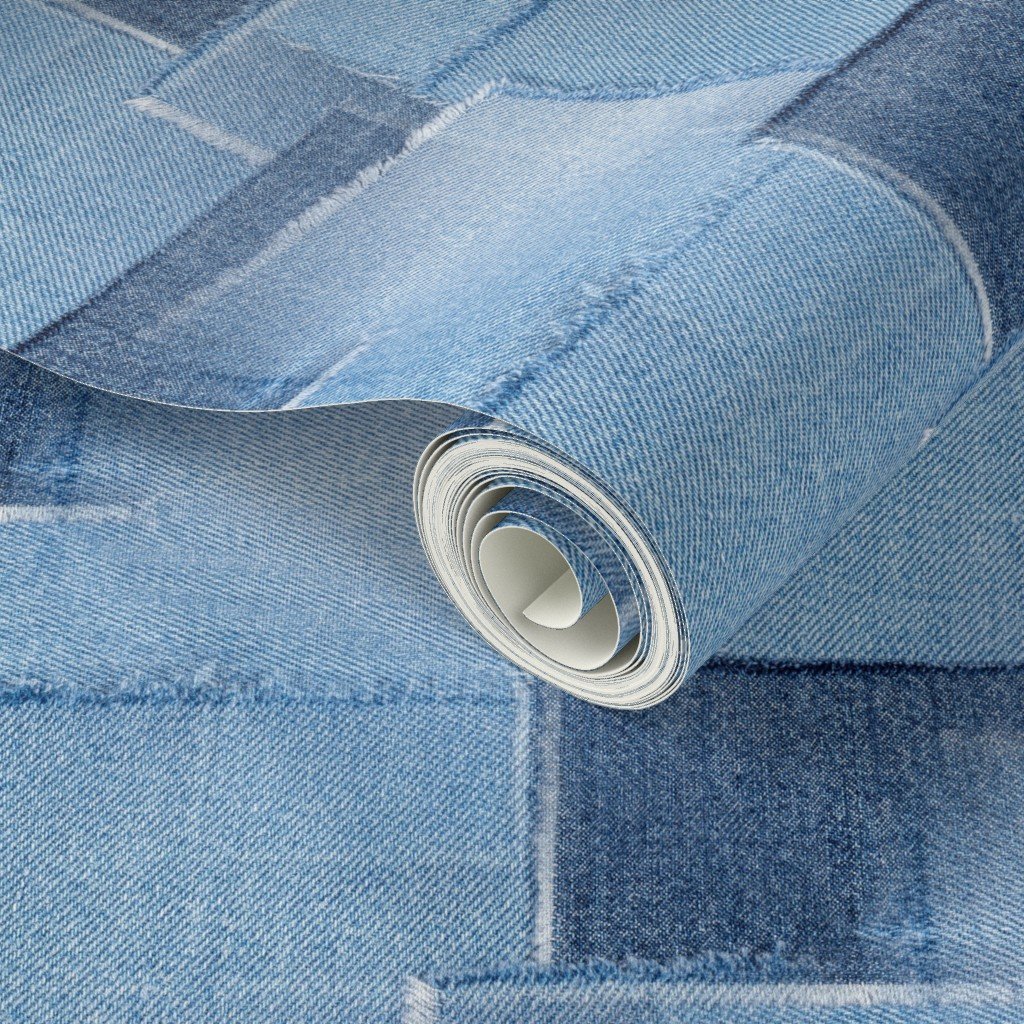 Abstract Patchwork Pattern of Frayed and Fringed Patches of Blue Wallpaper blue denim patches wallpaper