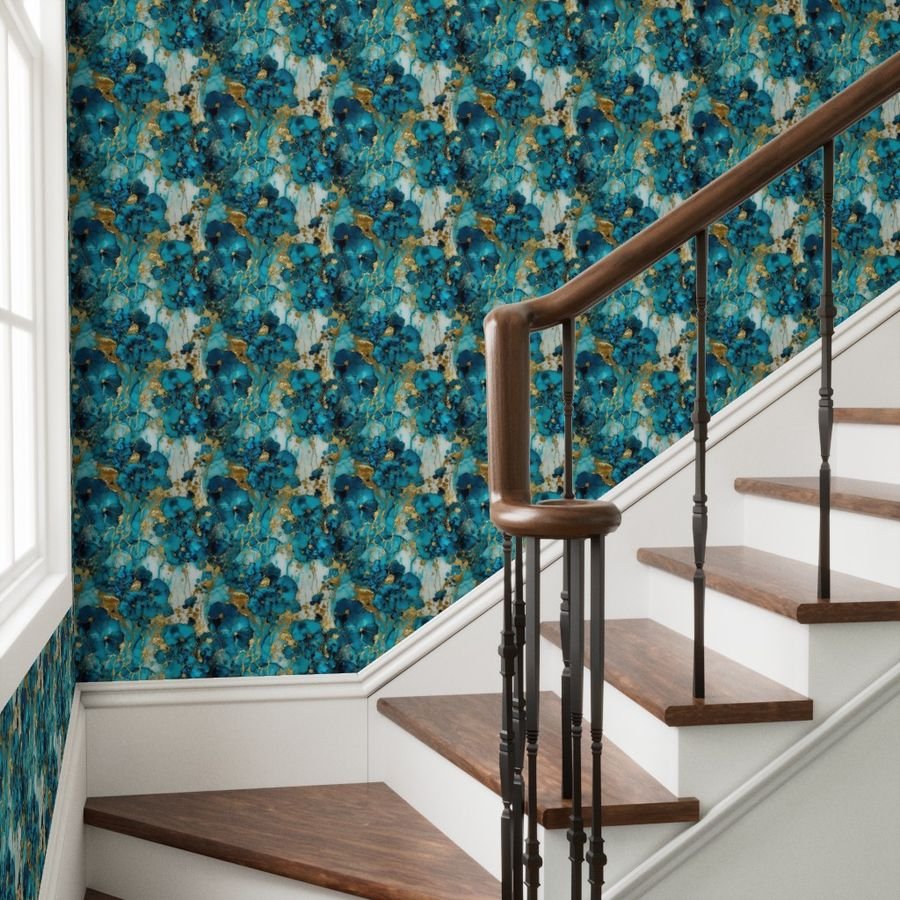 Small Turquoise and Gold Alcohol Ink 4 Wallpaper inky pattern wallpaper