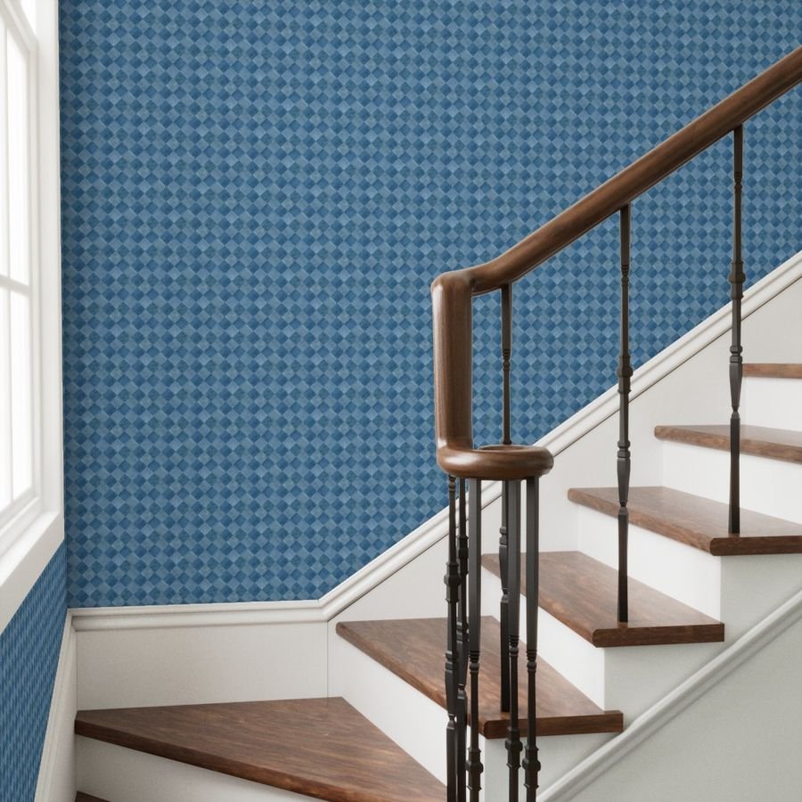 2 inch Diagonal Light and Dark Blue Stained Wood Checkerboard Chess Wallpaper blue wood wallpaper