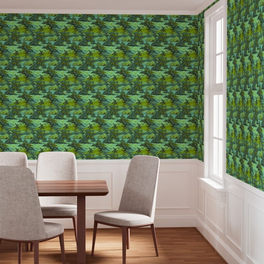 Small Vintage Hawaiian Landscape in Lime and Aqua Wallpaper aqua hawaii wallpaper