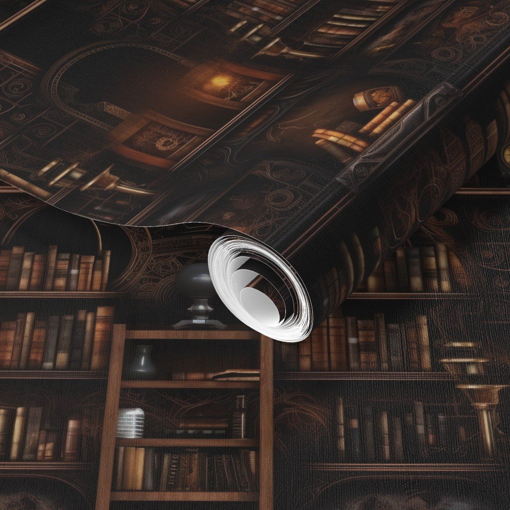 Spooky Photo realisticSmall Dark Academia Stampunk Bookshelves in Wallpaper halloween library wallpaper