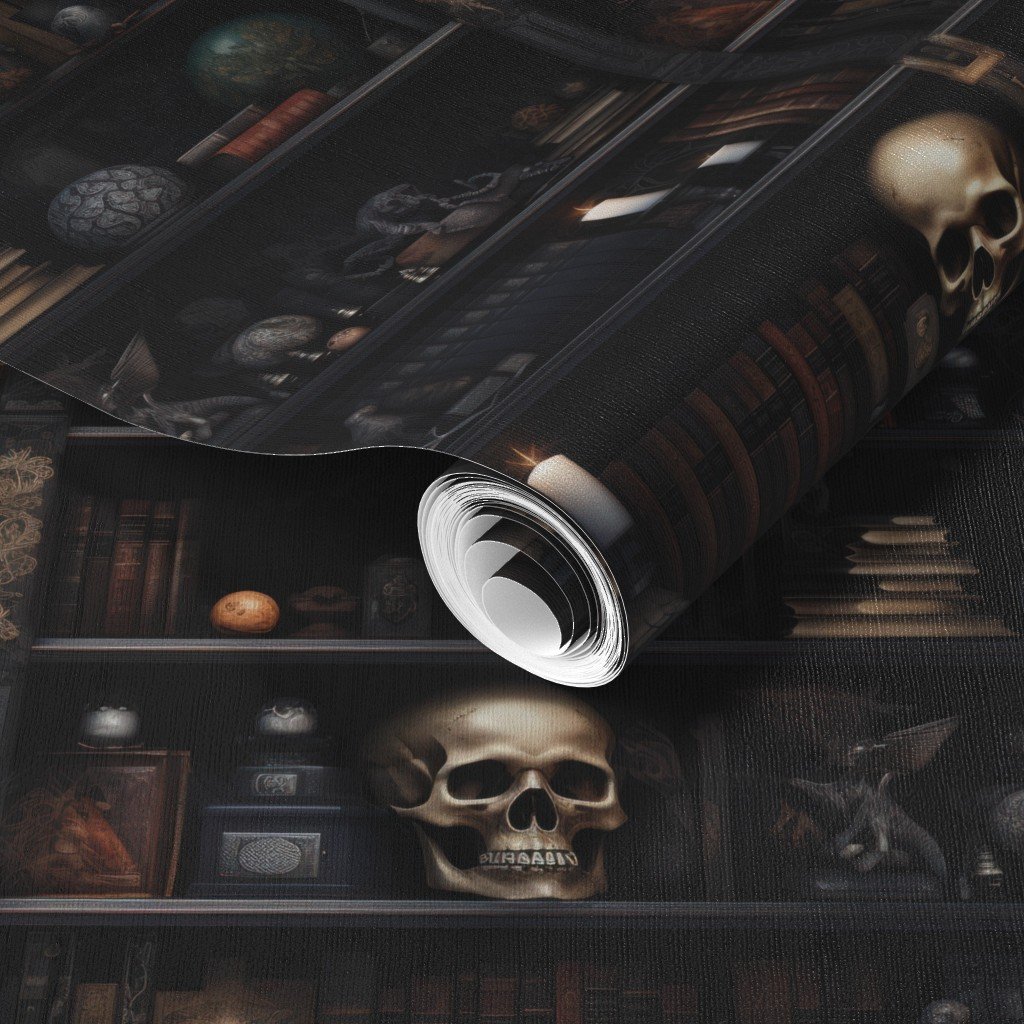 Small Spooky Photo realistic Dark Academia Bookshelves in Muted Wallpaper lantern skulls wallpaper