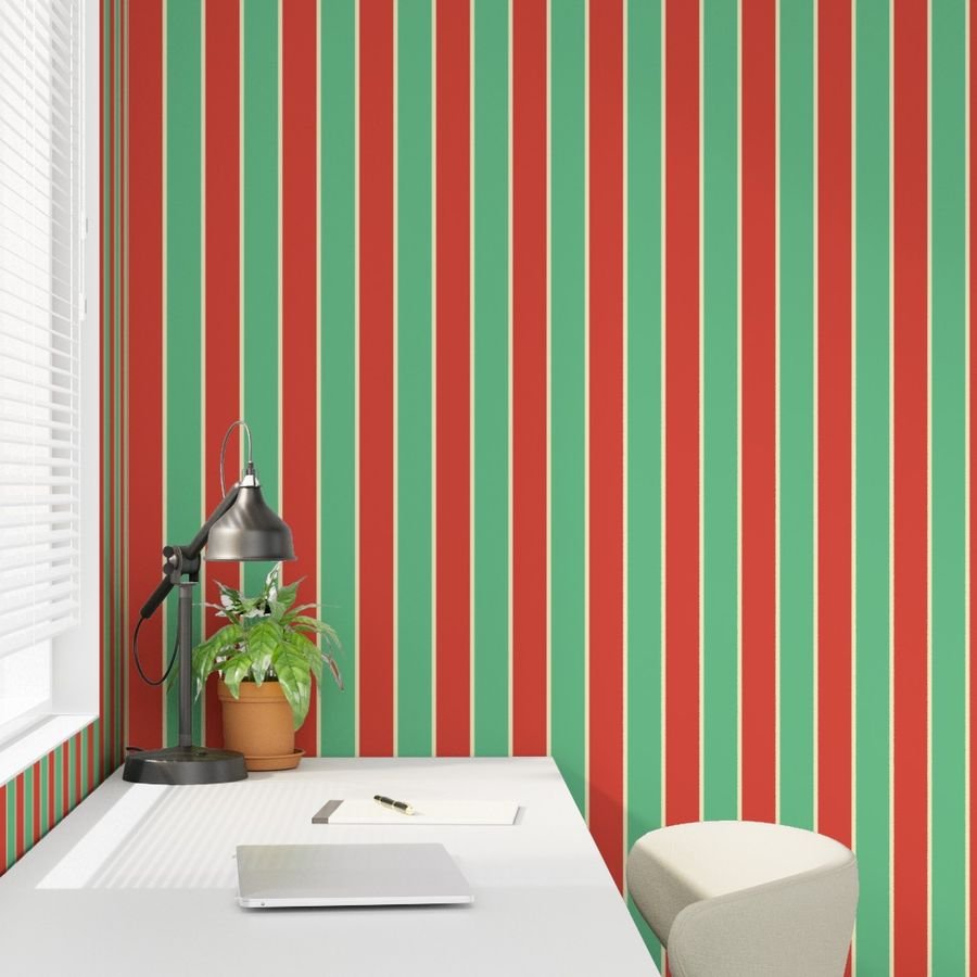 3 Inch Red Vermillion Green and Yellow Gold Vintage Christmas Stripe Wallpaper christmas red stripe wallpaper