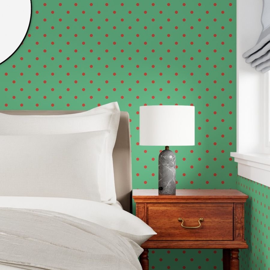 Red Vermillion Polka Dots on Vintage Christmas Green Wallpaper gold and green wallpaper