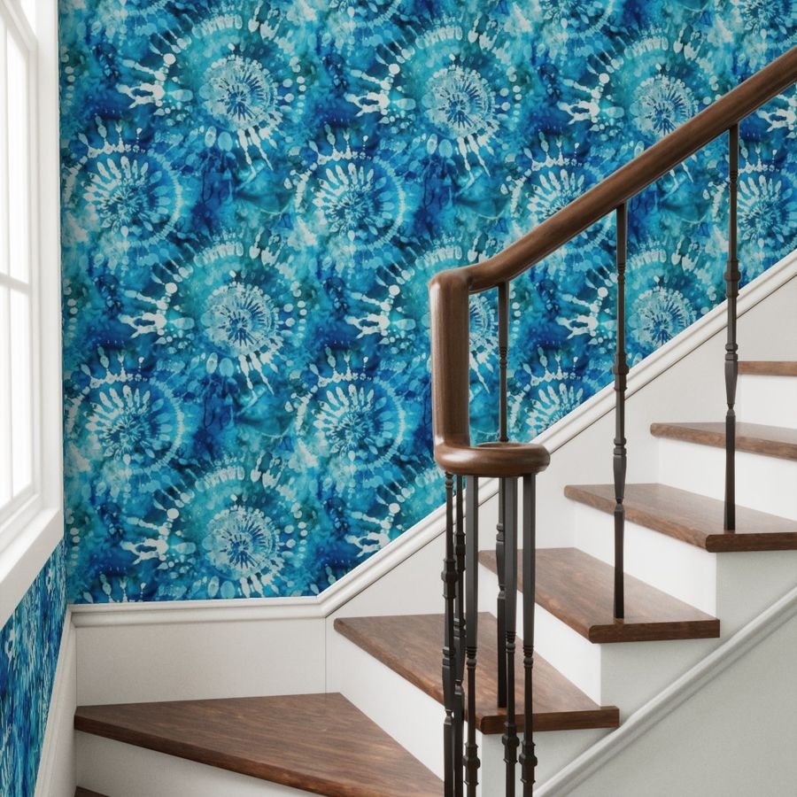 Jumbo Tie Dye Batik in Bright Blue Circling Swirls on Teal Wallpaper dip dye wallpaper