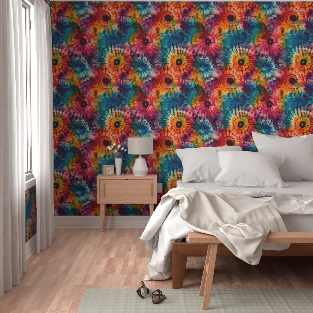 Jumbo Tie Dye Batik in Bright Multi Rainbow Colors Circling Swirls Interior Collection Home Styling Collection indonesian batik wallpaper
