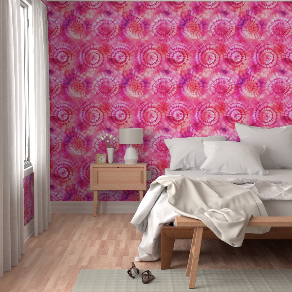 Jumbo Tie Dye Reddish Pink and Purple Circling Swirls Wallpaper dye technique wallpaper