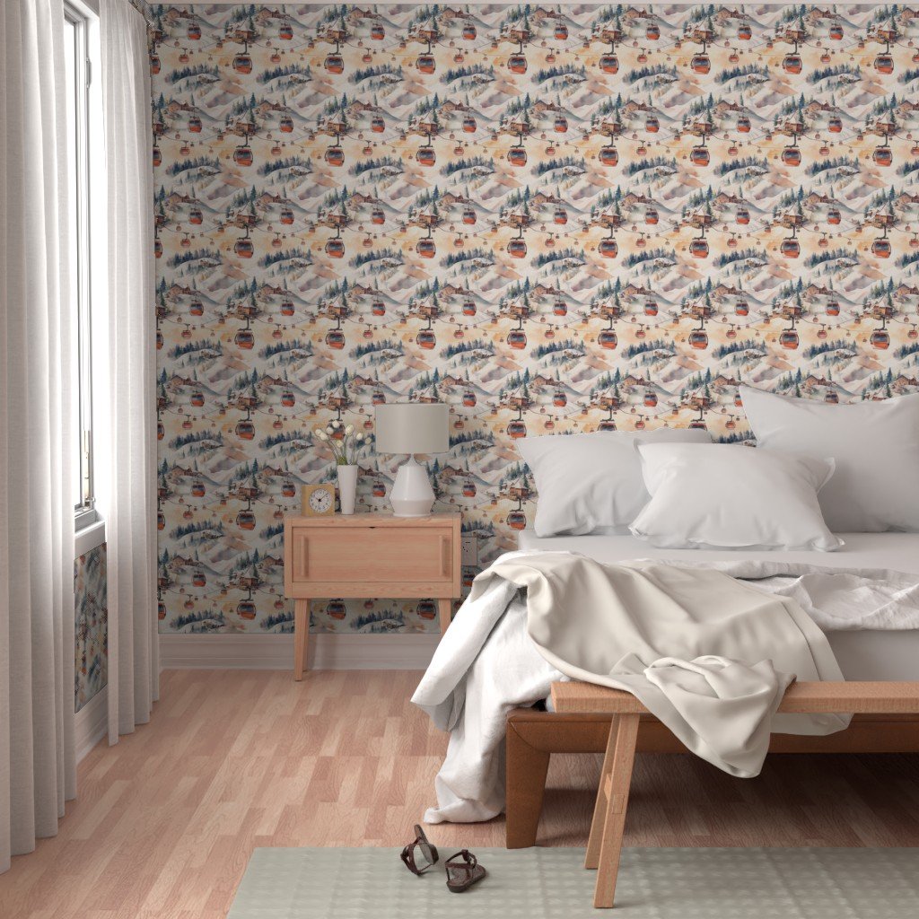 Vintage Ski Slope Cabins in Soft Pastels Wallpaper ski print wallpaper