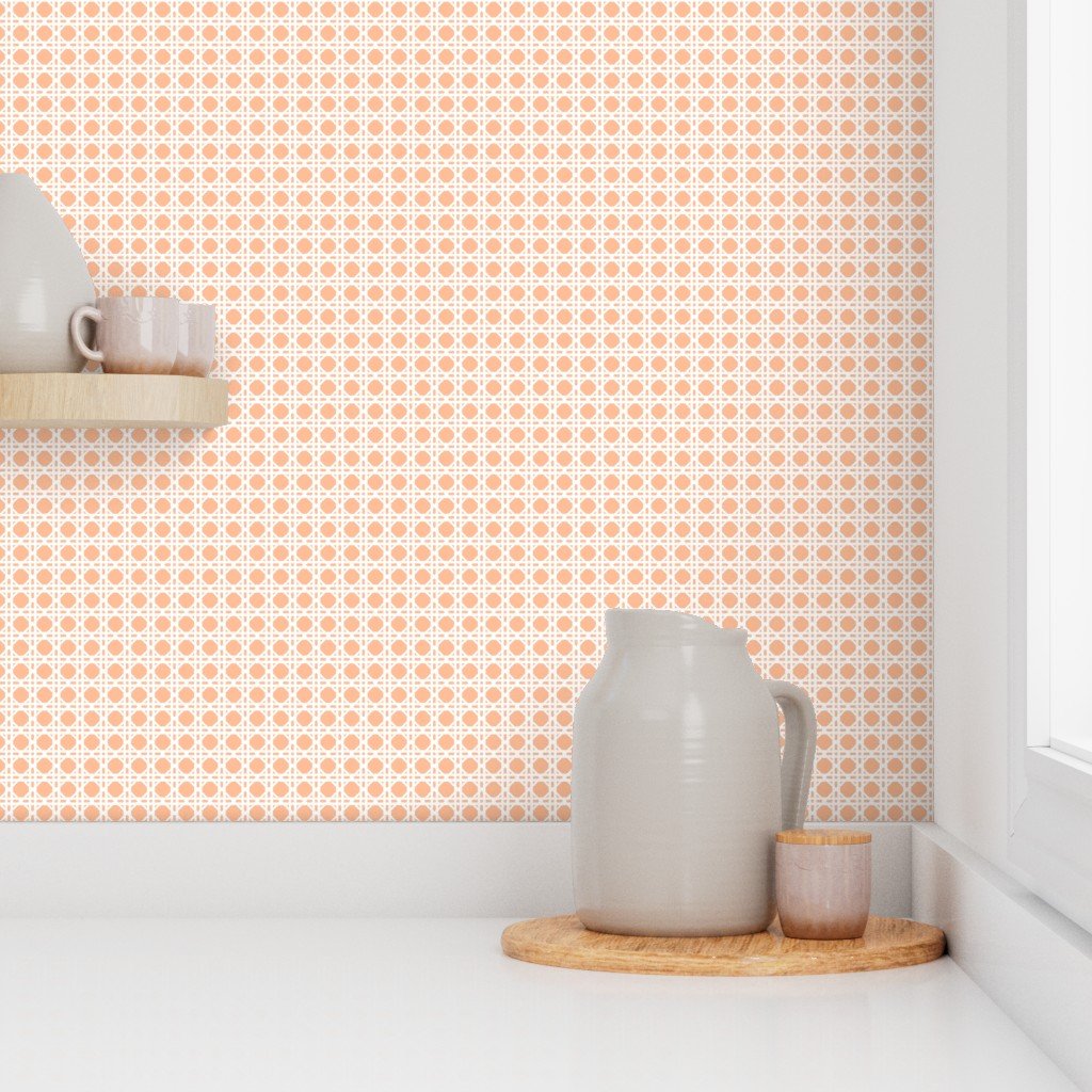 White Caning Wicker Rattan Pattern on Peach Fuzz Color of the Year 2024 Wallpaper peach rattan wallpaper