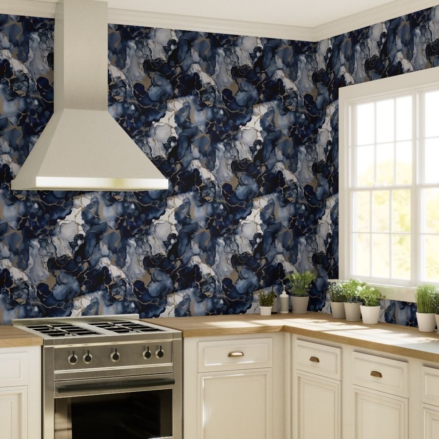 Twilight Navy Blue and Grey with Antique Gold Alcohol Ink Liquid Wallpaper navy blue ink wallpaper