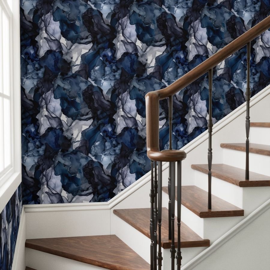 Twilight Navy Blue Lavender and Grey Alcohol Ink Liquid Swirls Wallpaper swirling pattern wallpaper