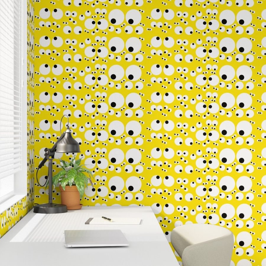 Googly Goo Goo Eyes on Neon Yellow Interior Collection Design Collection black irises wallpaper