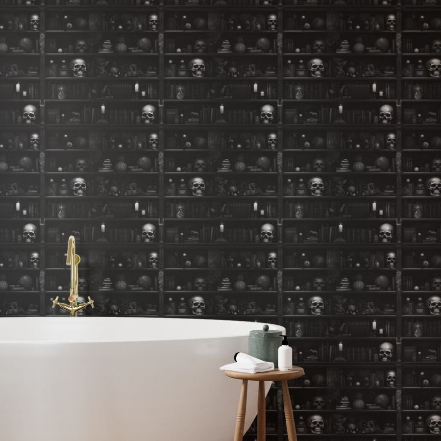 Spooky Photo realistic Dark Academia Bookshelves in Black and White Wallpaper green skull wallpaper