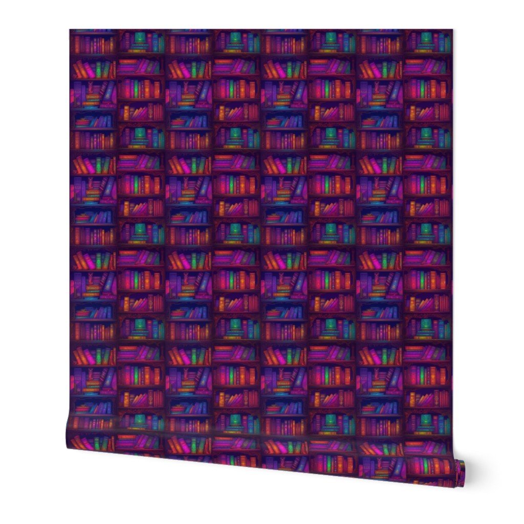 Small Wizard Spooky Neon Halloween Books on Library Spell Book Shelf Wallpaper halloween spells wallpaper