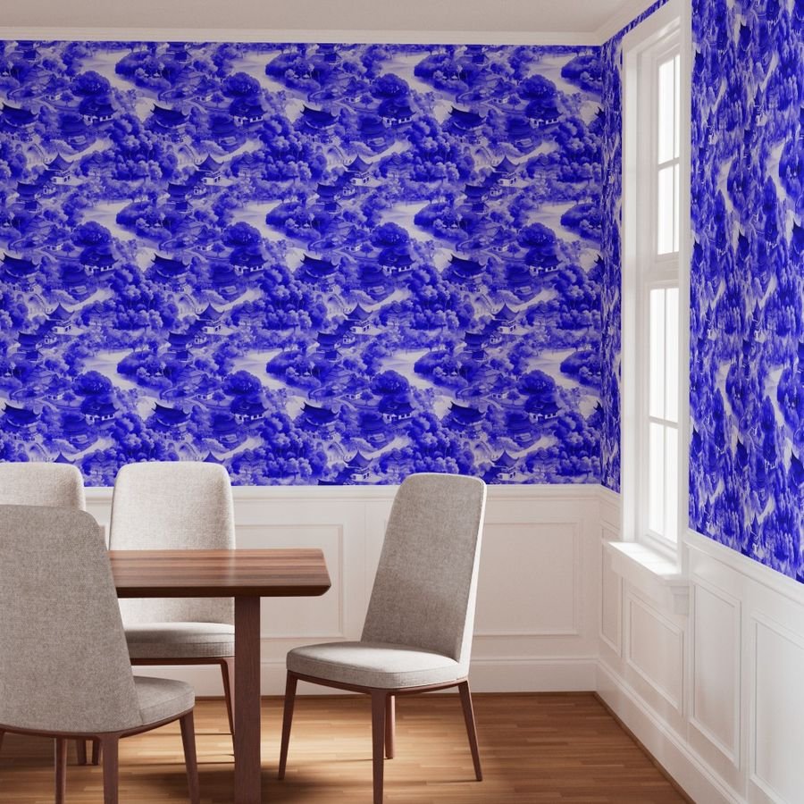 Small Chinese Village in Royal Blue Porcelain Glaze Wallpaper blue porcelain wallpaper
