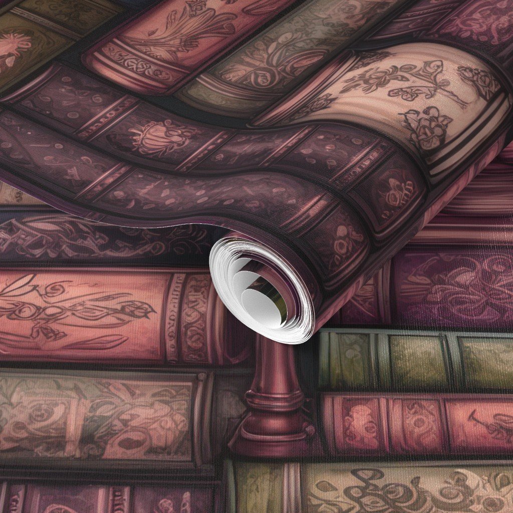 Pink Stacked Bound Vintage Books on Library Book Shelf Wallpaper library shelf wallpaper