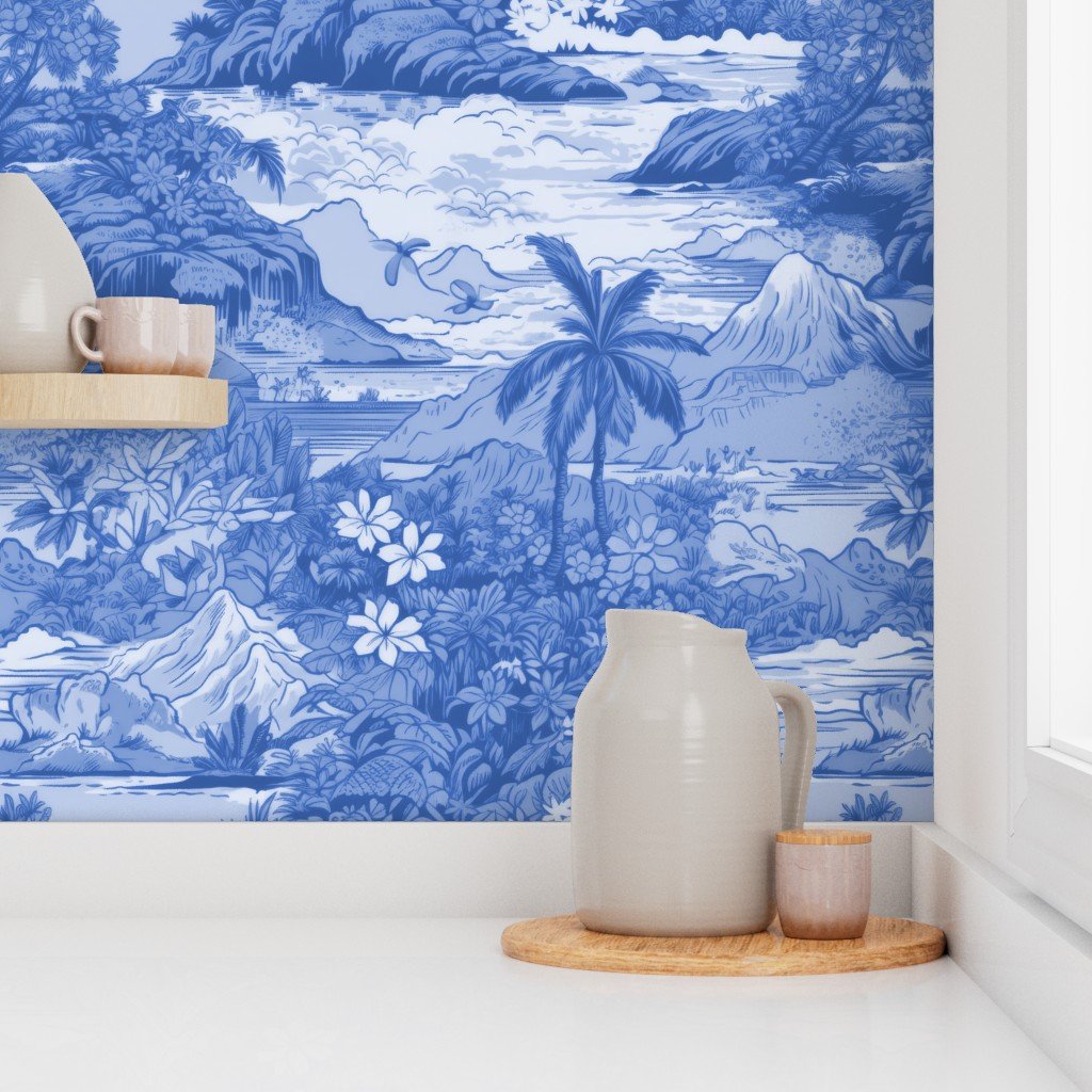 Vintage Hawaiian Landscape in Light Blue Porcelain Glaze Wallpaper hawaiian landscape wallpaper