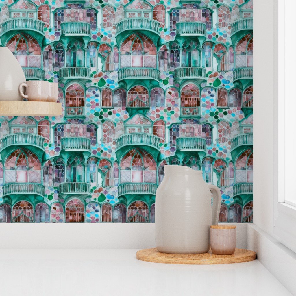 Barcelona House Architectural Detail in Windows Columns Arches and Wallpaper architectural elegan wallpaper