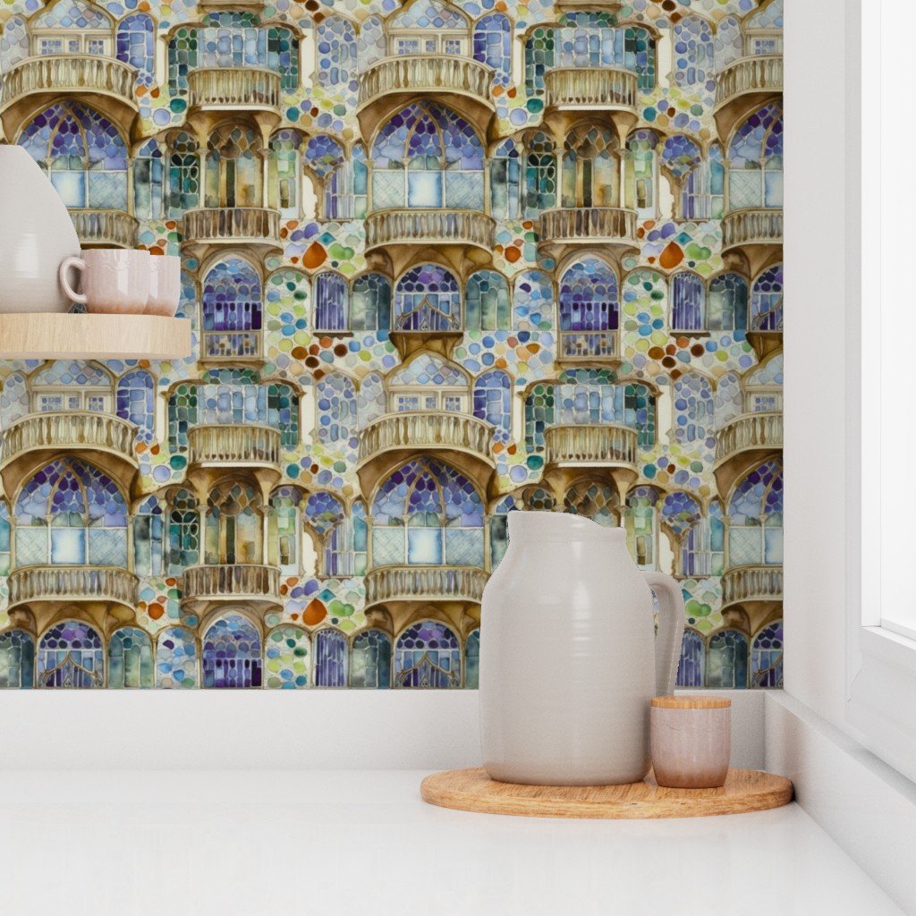 Barcelona House Architectural Detail in Windows Columns Arches and Wallpaper art nouveau wallpaper