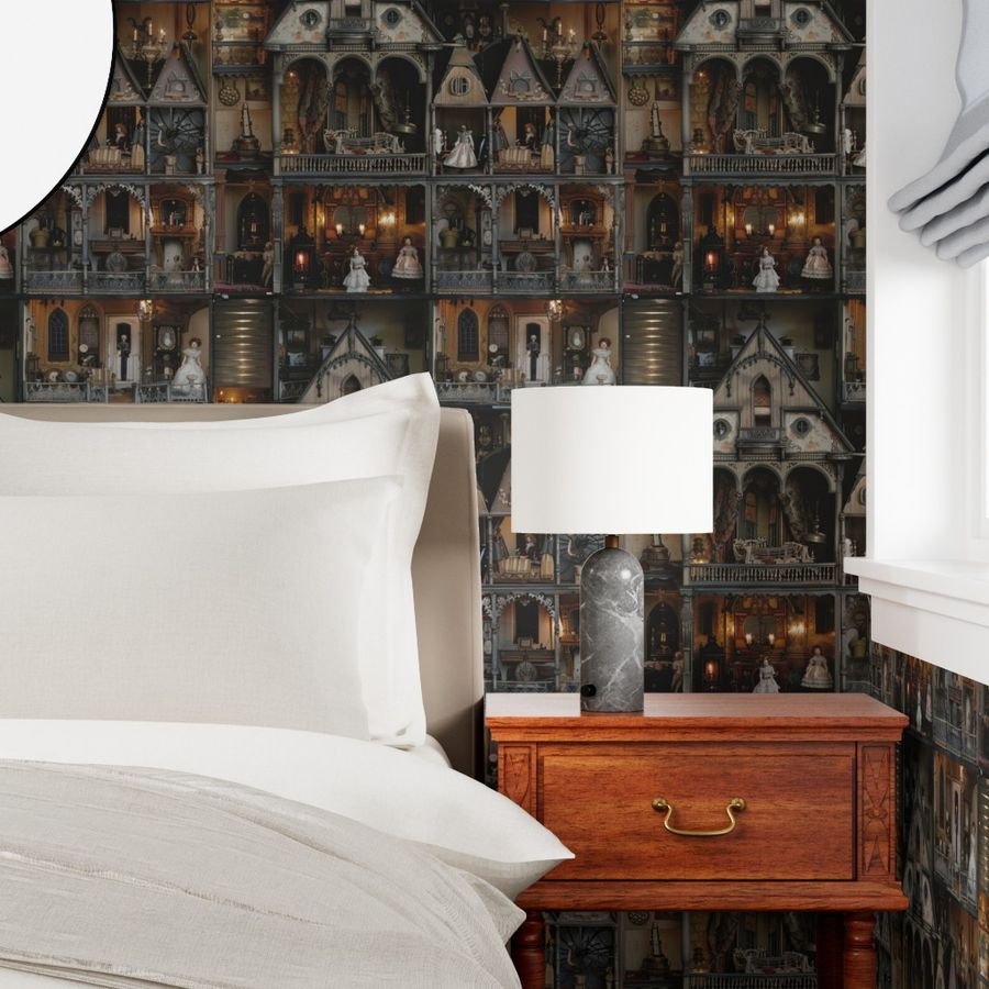 Victorian Gothic Haunted Dollshouse with Dolls in Dark Academia Wallpaper doll rooms wallpaper