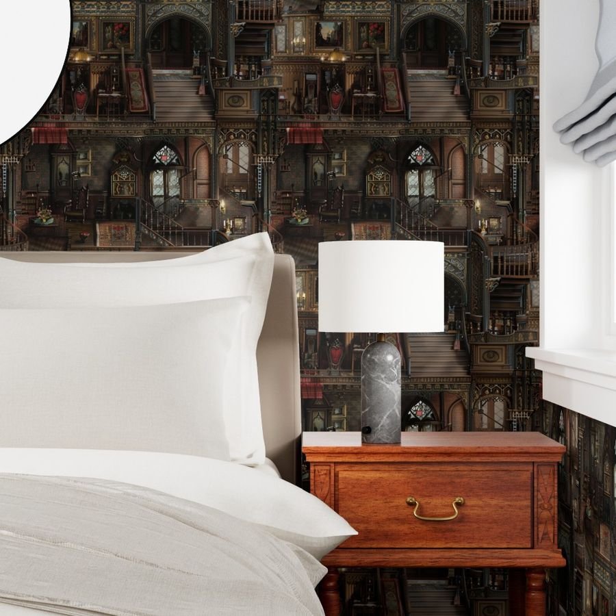 Victorian Gothic Haunted Dollshouse with Dolls in Dark Academia Wallpaper doll rooms wallpaper