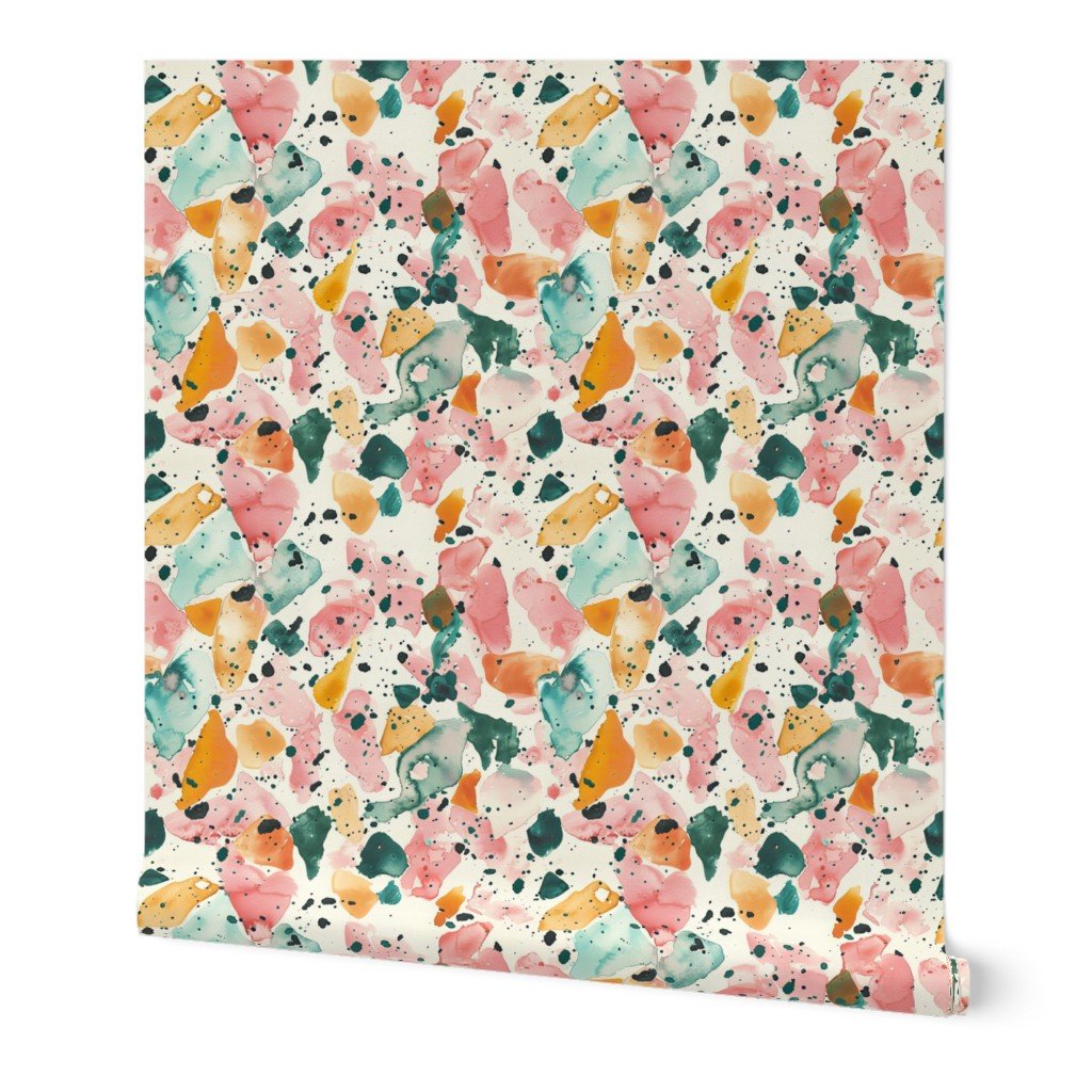 Orange Rose and Aqua Watercolor Terrazzo Splashes Wallpaper terrazzo pattern wallpaper