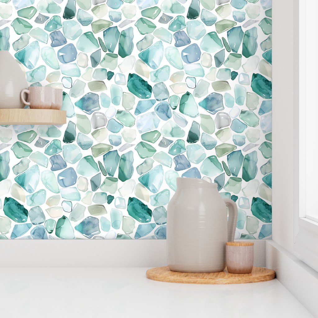 Blue and Aqua Shards of Tumbled and Scattered Watercolor Seaglass Wallpaper blue aqua seaglass wallpaper