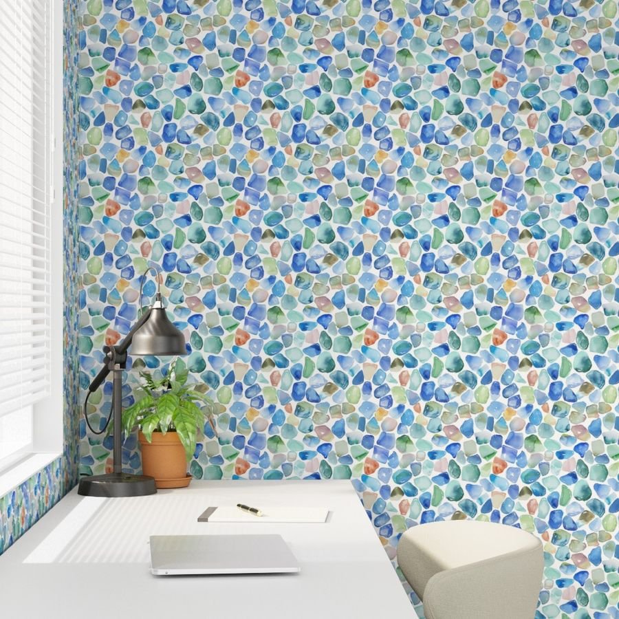 Blue Toned Shards of Tumbled and Scattered Watercolor Seaglass Wallpaper blue tile wallpaper