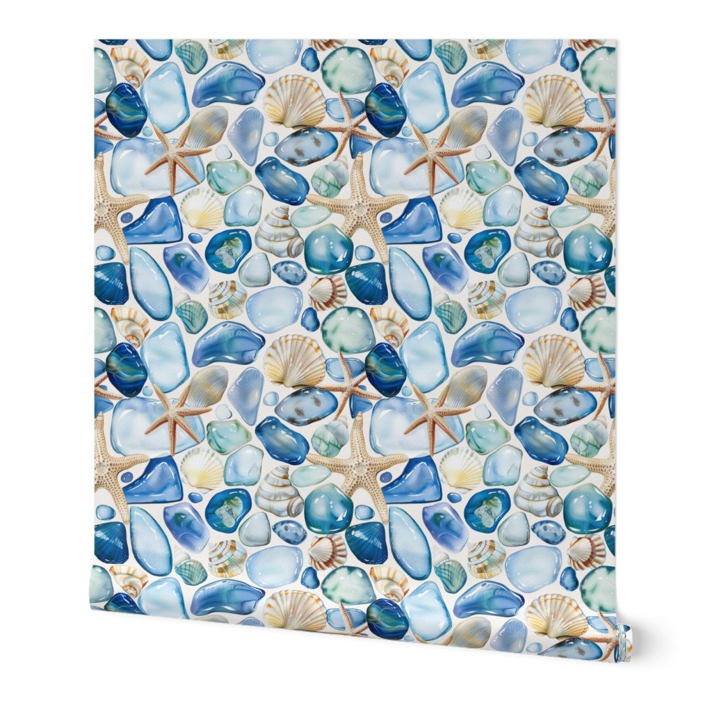 Blue and Sand Seashells and Shards of Tumbled and Scattered Wallpaper blue seaglass wallpaper