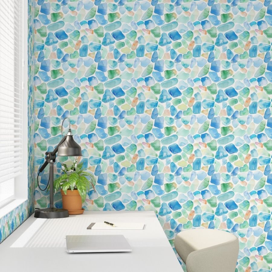 Blue and Green Shards of Tumbled and Scattered Watercolor Seaglass Wallpaper blue seaglass wallpaper