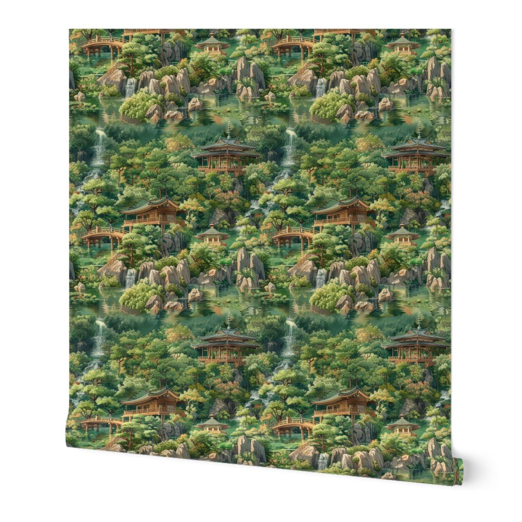 Zen Garden Haven Waterfalls Amidst Verdant Greenery Wallpaper garden sanctuary wallpaper