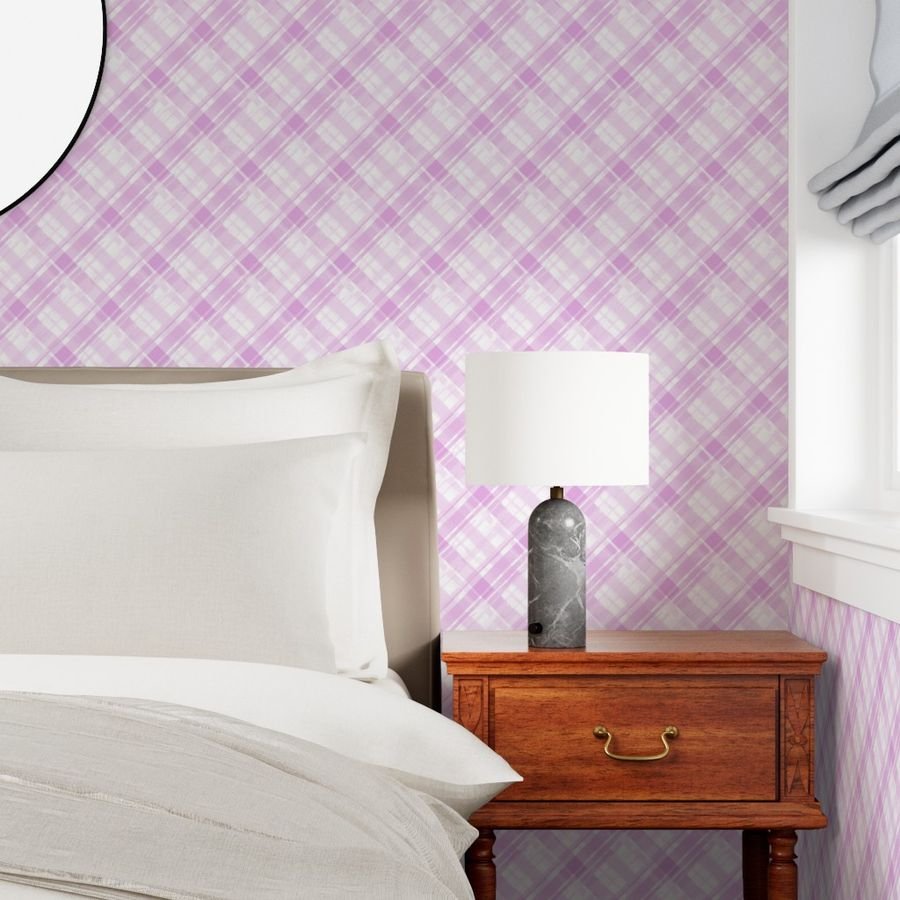Faded Madras Diagonal Plaid in Pink Wallpaper pink madras wallpaper