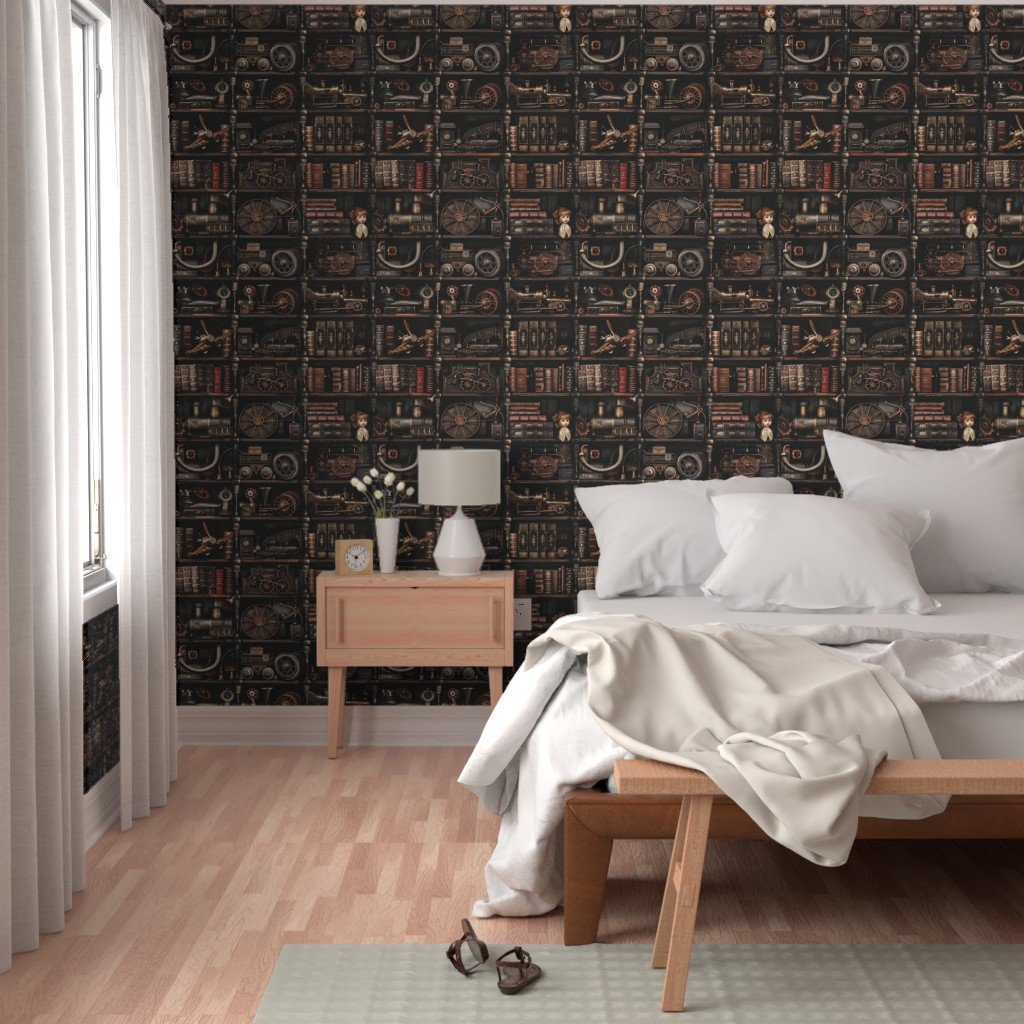 Steampunk Vintage Bookcase Gears Pipes and Antique Treasures Wallpaper industrial charm wallpaper