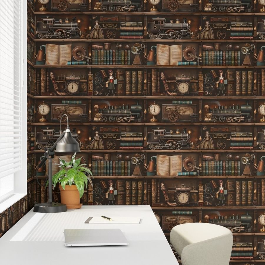 Vintage Steampunk Bookcase with Antique Trains and Books Wallpaper scientific instrumen wallpaper