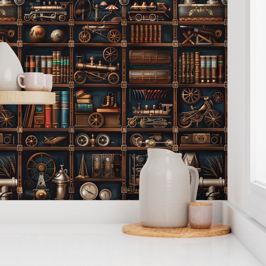 Vintage Steampunk Bookcase with Intricate Mechanical Wonders Wallpaper bookcase wallpaper