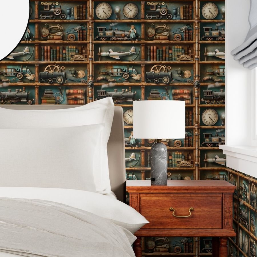 Vintage Steampunk Bookcase with Trains Gears and Clocks Wallpaper bookcase wallpaper