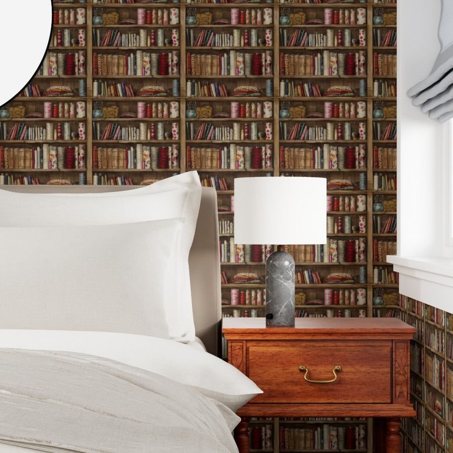 Vintage Bookcase with Fabric Bobbins Spools and Yarn Wallpaper traditional charm wallpaper