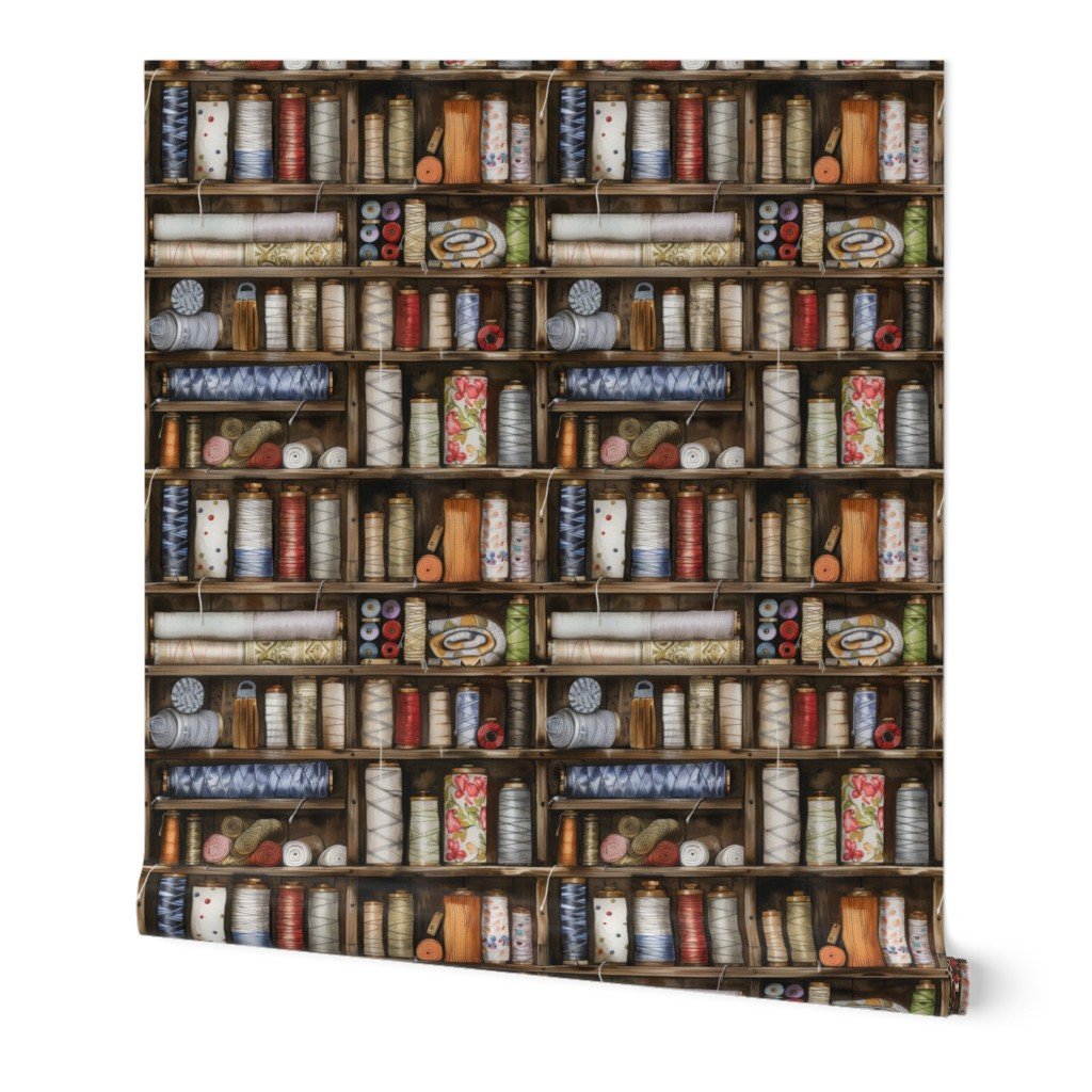 Vintage Bookcase with Fabric Bobbins Spools and Yarn Wallpaper traditional charm wallpaper