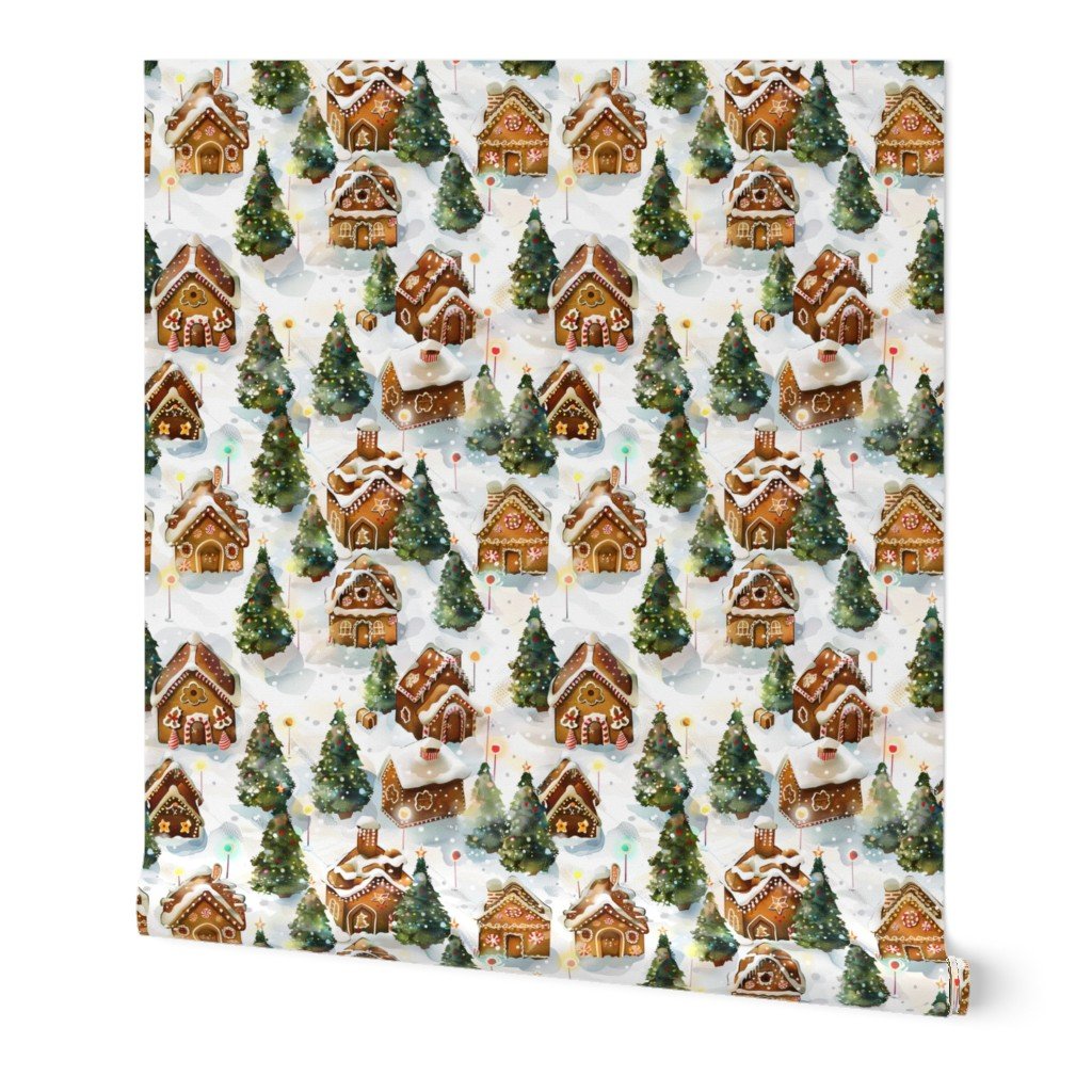 Watercolor Gingerbread Village in Winter Wonderland with Decorated Wallpaper decoration wallpaper