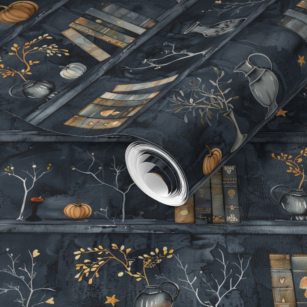 Dark Blue Halloween Pumpkins and Vases on Vintage Bookcase Wallpaper bookcase wallpaper