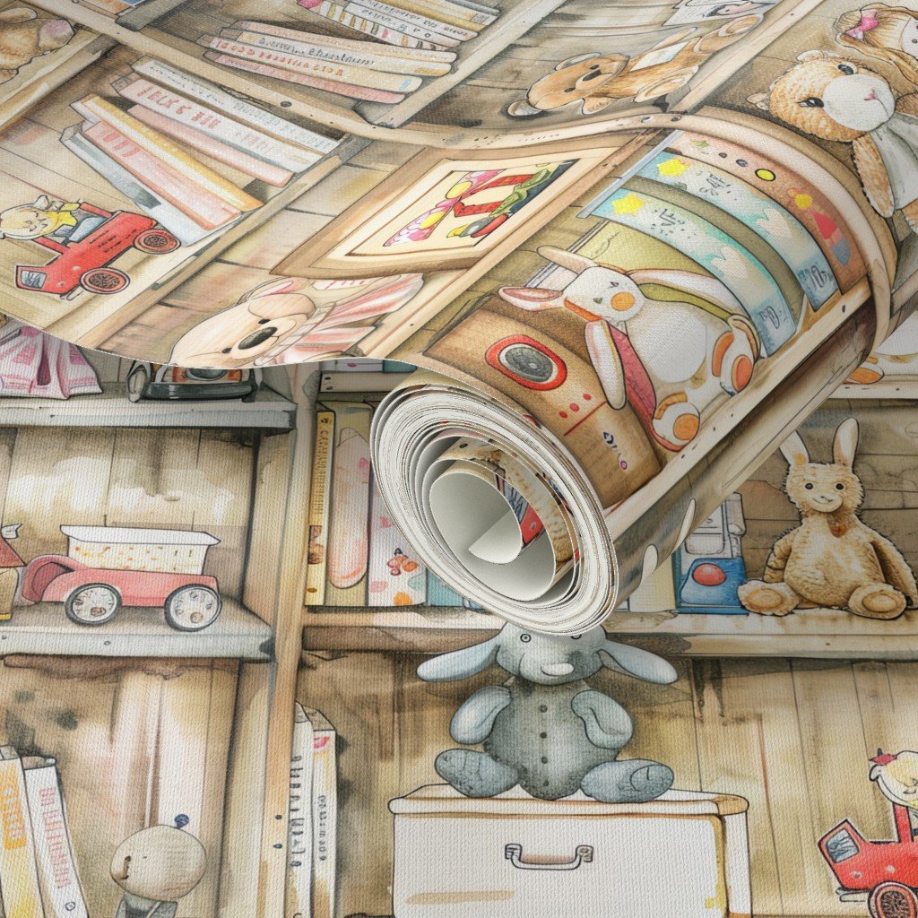 Vintage Bookcase with Teddy Bears and Toys for Kids