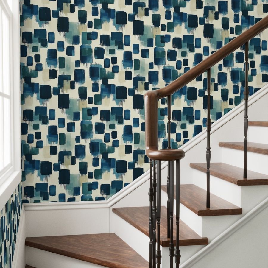 Large Abstract Brushstroke City Blocks in Deep Blue and Teal Wallpaper deep blue wallpaper