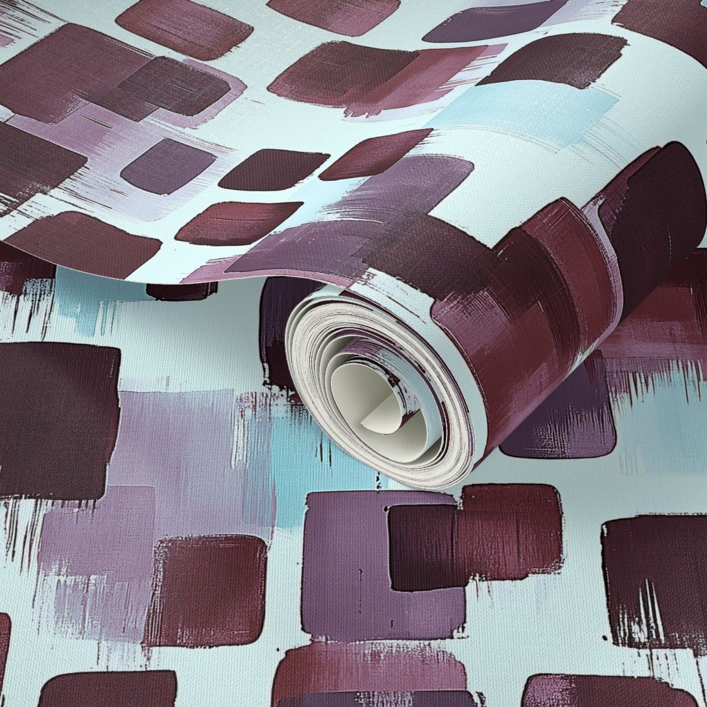 Abstract Brushstroke Blocks in Burgundy Lavender and Soft Mint Wallpaper artistic wallpaper