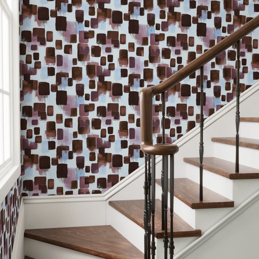 Large Abstract Brushstroke Blocks in Brown Rosewood and Sky Blue Wallpaper abstract wallpaper